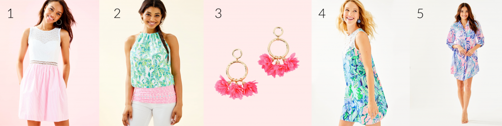 The Lilly Pulitzer After Party Sale is LIVE! by popular Nashville fashion blog, Hello Happiness: collage image of Lilly Pulitzer Alivia Dress, Bowen Halter Top, Cascading Petals Hoop Earrings, Nala Soft Shift Dress, Natalie Shirtdress Cover-Up.