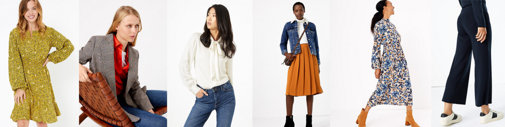 Fall Street Style with Marks and Spencer...by popular Nashville fashion blog, Hello Happiness: collage image of Marks and Spencer M&S COLLECTION PETITE Floral Mini Waisted Dress, M&S COLLECTION Italian Wool Checked Double Breasted Blazer, M&S COLLECTION Pussybow Blouse, M&S COLLECTION Pleated Midi Skirt, M&S COLLECTION Floral Midi Dress, and Wool Blend Wide Leg Culottes.