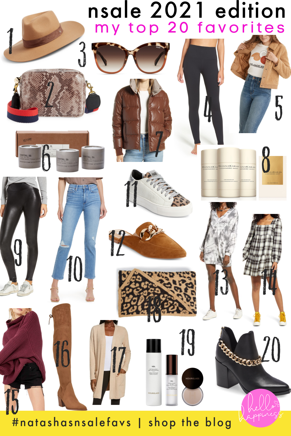 Nordstrom Anniversary Sale by popular Nashville fashion blog, Hello Happiness: collage image of a Rag and Bone wide brim wool fedora, Clare V midi croc crossbody bag, Quay It's My Way sunglasses, Zella Live in High Waist Leggings, Madewell High Pile Fleece Jacket, Le Labo Sandal Concrete Votive Candle set, Sam Edelman Faux Leather Puffer, Donna Karan Cashmere Mist Trio, Spanx Faux Leather Leggings, Paige Cindy Ripped Straight Leg Denim, P448 Thea Platform Sneaker, Steve Madden Finn Chain Pointed Toe Mule, Open Edit Cozy Throw On Dress, BP. Plaid Long Sleeve Mini, Free People Swim too Depp turtleneck sweater, Marc Fisher Comara OTK Boot, Barefoot Dreams CozyChic Lite Long Cardigan, Barefoot Dreams In the Wild Cozy Throw, Hourglass Mineral Veil Primer Set, and Steve Madden Cedar Chain bootie.