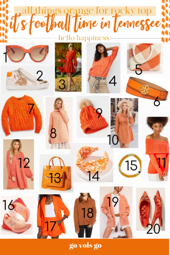 Football Game Outfits by popular Nashville fashion blog, Hello Happiness: collage image of orange sunglasses, orange belt, orange headband, orange hightop sneakers, orange sweater, orange Nike sneakers, Orange purse, orange point toe flats, orange sweater, and orange long sleeve dress. 