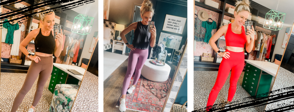 Savvi by popular Nashville fashion blog, Hello Happiness: image of a woman wearing a pair of Savvi leggins, Savvi sports bra, and Savvi tank. 