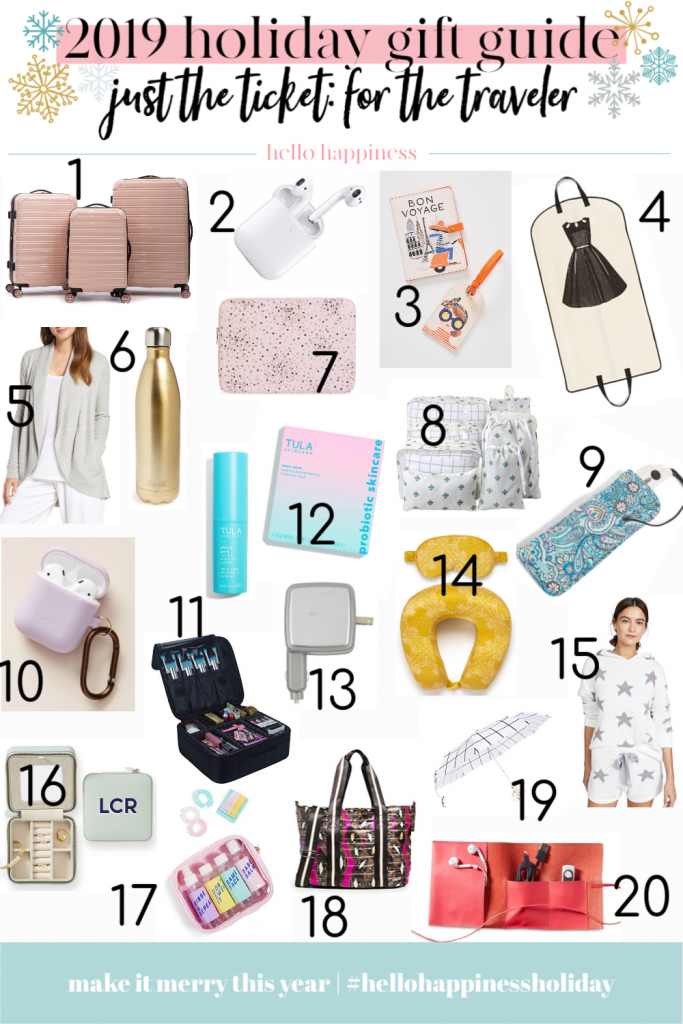 Holiday Gift Guide: Unique Gifts for the Traveler featured by top US life and style blog, Hello Happiness | 2019 Holiday Gift Guide: Best Gifts for Travelers by popular Nashville life and style blog, Hello Happiness: collage image of a luggage set, air pods, garment bag, water bottle, neck pillow, pajama set, jewelry case, poncho, bag, compact duck umbrella, leather charger roll-up, dots laptop cover, passport holder, barefoot dreams cardigan, under eye cooling balm, and travel duffle bag. 