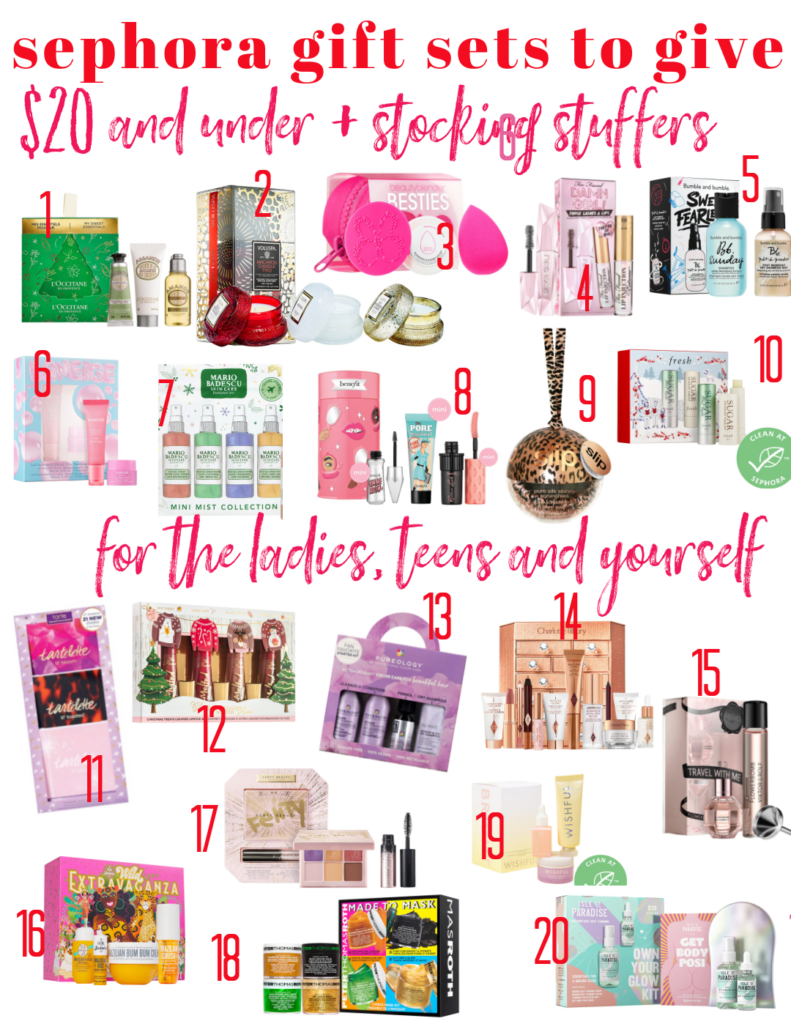 Holiday Makeup by popular Nashville beauty blog, Hello Happiness: collage image of 1 L'Occitane Almond Ornament, Voluspa Mini Candle Set, BeautyBlender Besties Set, Too Faced Lashes + Lip Set, Bumble and Bumble Post Sweat Set, Laneige Lip Dream Set, Mario Badescu Mini Mist Set, Benefit Thrills Set, SLIP Scrunchies Trio, and Fresh Soft Lip Duo,Tartelette Amazonian Clay Eyeshadow Palette Bundle, Too Faced Liquid Lip Set, Pureology Mini Starter Kit, Charlotte Tilbury Bejewelled Advent Set, Flowerbomb Travel Duo Set, Sol de Janeiro Wild Kit, Fenty Mini Eye Kit, Peter Thomas Roth Made to Mask Set, Huda Beauty Wishful Brightening Set, and Isle of Paradise Own Your Glow Kit.