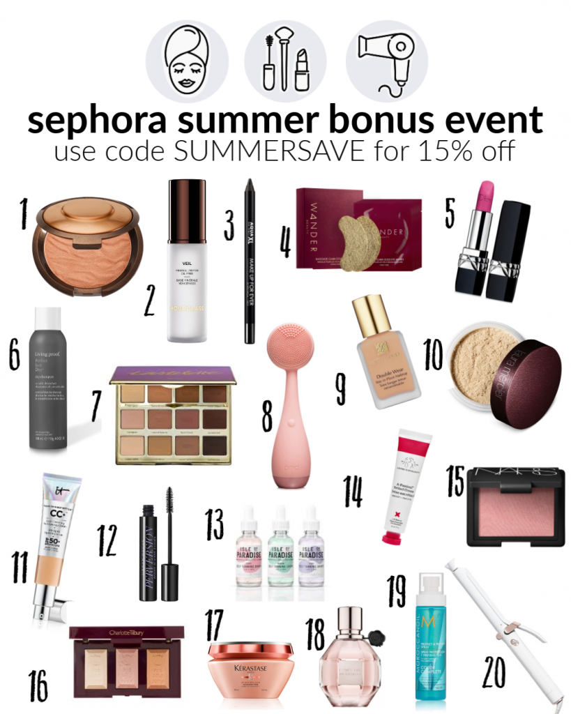 Sephora Sale Favorites by popular Nashville life and style blog, Hello Happiness: collage image of Sephora Becca Sunlit Bronzer, Hourglass Mineral Veil Primer, Make Up For Ever XL Waterproof Eyeliner, Wander Beauty Eye Masks, Rouge Dior Lipstick, Living Proof Dry Shampoo, Tarte Amazonian Clay Matte Eyeshadow Palette, PMD Beauty Cleansing Brush, Estee Lauder Double Wear Foundation, Laura Mercier Translucent Setting Powder, iT Cosmetics CC Cream, Urban Decay Perversion Mascara, Isle of Paradise Tanning Drops, runk Elephant Retinol Cream, Drunk Elephant Retinol Cream, NARS Blush, Charlotte Tilbury Gold Bar Highlighter Palette, Kerastase Discipline Conditioning Mask, Viktor and Rolf Flowerbomb Perfume, Moroccan Oil Prevent and Protect Spray, and T3 Singlepass Curling Iron.