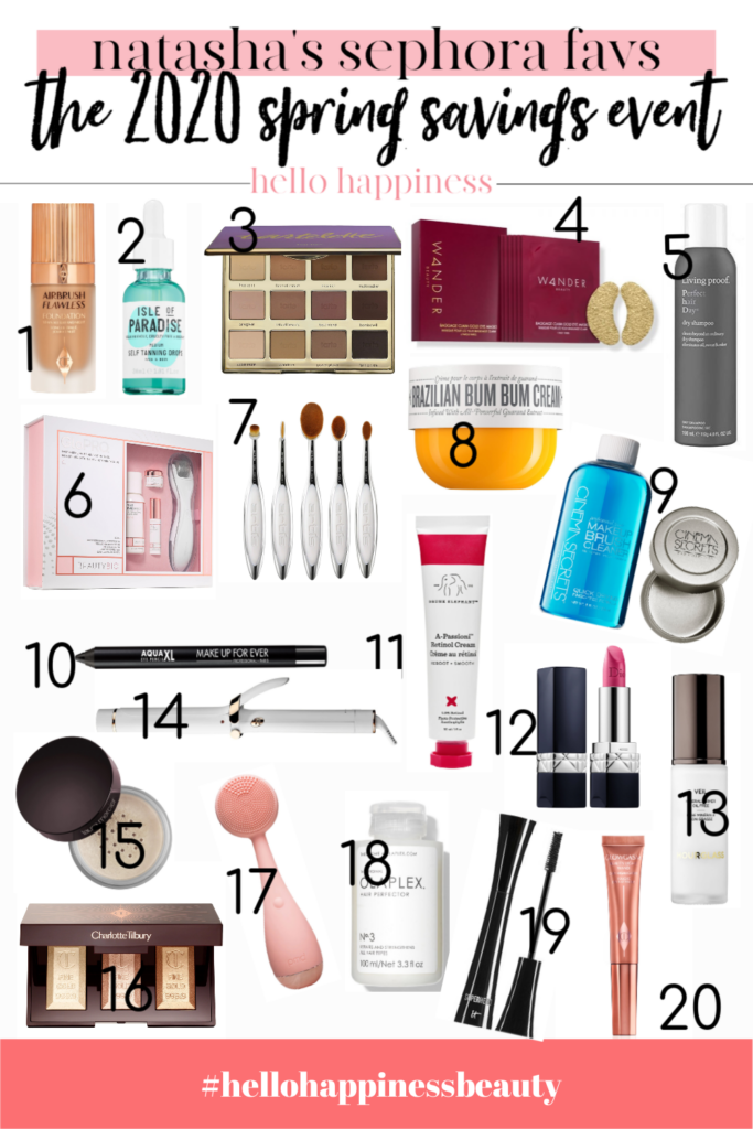 Sephora Spring Sale by popular Nashville beauty blog, Hello Happiness: collage image of Charlotte Tilbury Airbrush Flawless Foundation, Isle of Paradise self tanning drops, Tartelette In-Bloom Eyeshadow Palette, Wander Beauty Baggage Claim Eye Masks, Living Proof Dy Shampoo, GloPro Microneedling Set, ARTIS Elite Mirror Makeup Brush Set, Sol de Janeiro Brazilian Bum Bum Cream, Cinema Secrets Makeup Brush Cleanser, Make Up Forever Aqua XL Waterproof Eyeliner, Drunk Elephant A-Passioni Retinol Cream, Dior Rouge Lipstick [787, Exuberant Matte, Hourglass Mineral Veil Primer, T3 Singlepass Curling Iron, Laura Mercier Translucent Setting Powder, Charlotte Tilbury Gold Bar Highlighter Palette,  PMD Beauty Cleansing Brush, Olaplex Hair Profector No. 3, IT Cosmetics Superhero Mascara, Charlotte Tilbury Beauty Highlighter Wand.   