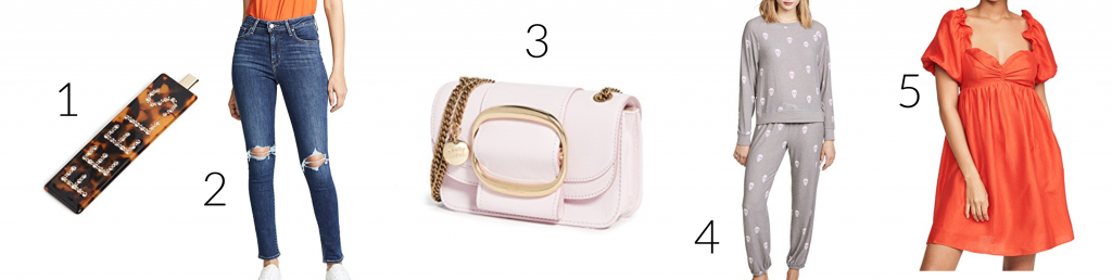 Shopbop Sale...The Biggest Event of the Season by popular Nashville fashion blog, Hello Happiness: collage image of a Shopbop BaubleBar Feels Hair Clip, Shopbop Levi's 721 Skinny Jeans, Shopbop See by Chloe purse, Honeydew Intimates Star Seeker PJ Set, and Shopbop ENGLISH FACTORY Balloon Sleve Mini Dress. 