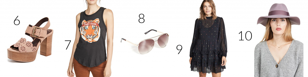 Shopbop Sale...The Biggest Event of the Season by popular Nashville fashion blog, Hello Happiness: collage image of Shopbop See by Chloe floral platform sandal, Shopbop Quay Vivienne Sunglasses, Shopbop FARM Rio Black Dots Mini Dress, and Shopbop Brixton Piper Hat.