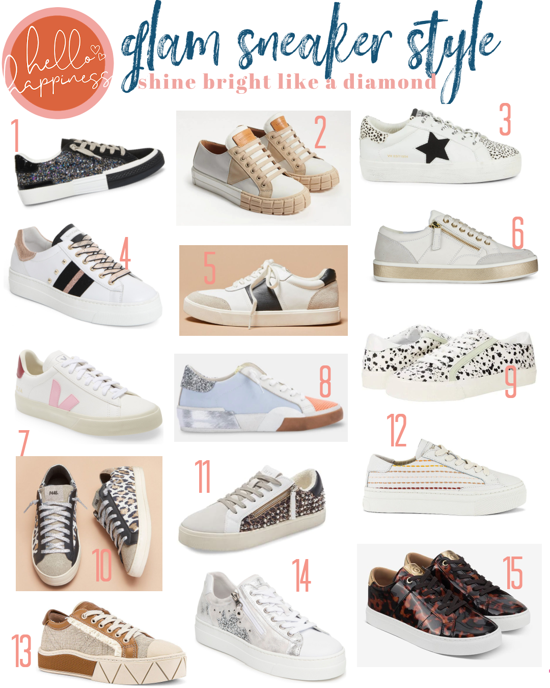 Fancy Sneakers by popular Nashville fashion blog, Hello Happiness: collage image of Embark black glitter sneakers, Sveva Platform sneakers, Spotted Cheetah low top sneakers, Striped studded sneakers, Enna Colorblock sneakers, Leelu sneakers, veja campo shoe, sherbet sneakers, Sidewalk low top sneakers, leopard john shoes, parka studded sneaker, quilted stripe sneakers, evita sneaker, Metallic side zip shoes, and Royale tortoise sneaker.  