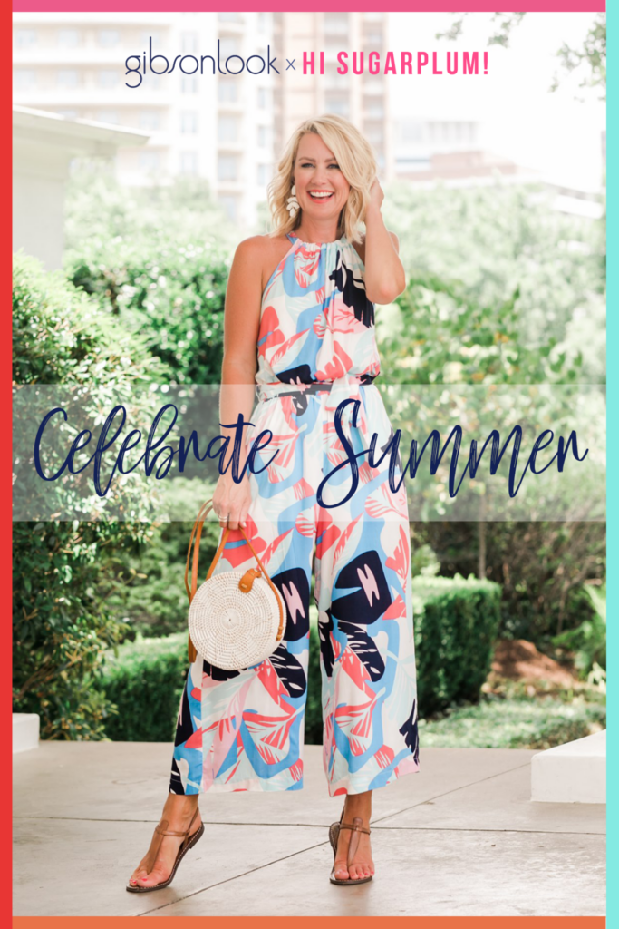 Gibson x Hi Sugarplum by popular Nashville fashion blog, Hello Happiness: image of a woman wearing a Hi Sugarplum floral jumpsuit. 