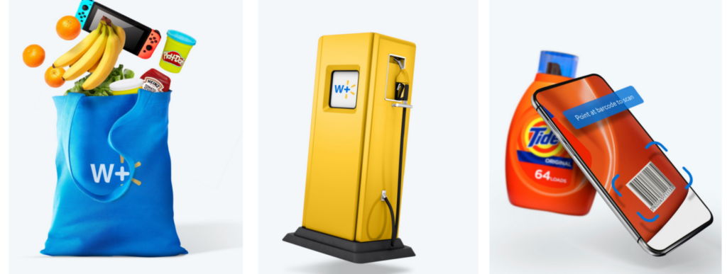 Walmart+ by popular Nashville lifestyle blog, Hello Happiness: image of a Walmart shopping bag, gas pump, and smartphone scanning a bottle of Tide Detergent. 